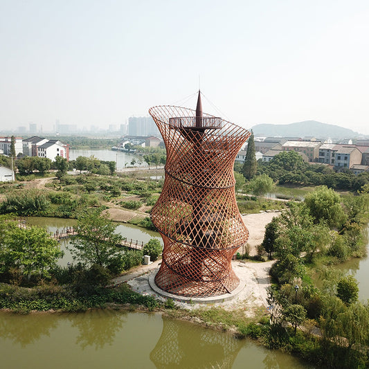 24m Tall Hangzhou Tangqi Light Tower Fish-Basket Shaped Aluminum-Bamboo Decoration