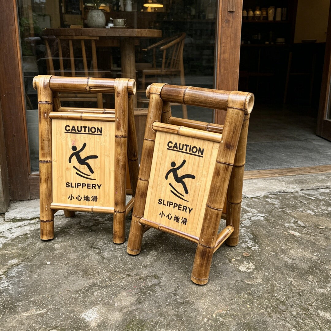 Bamboo A-Frame Folding Caution Sign — Wet Floor Warning