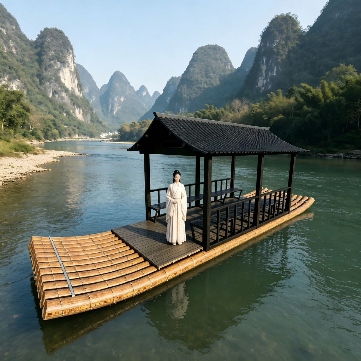 Source factory PVC imitation bamboo raft with stainless steel antique pavilion water sightseeing catering bamboo row size can be customized