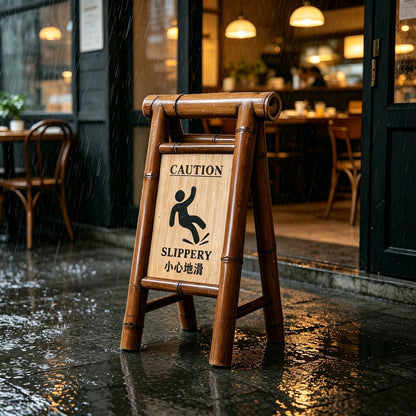 Bamboo A-Frame Folding Caution Sign — Wet Floor Warning