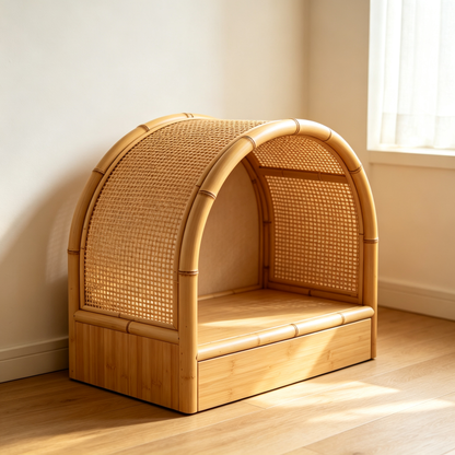 Casa Cueva para Gatos de Bambú y Ratán con Arco, Cajón de Almacenamiento y Cojín