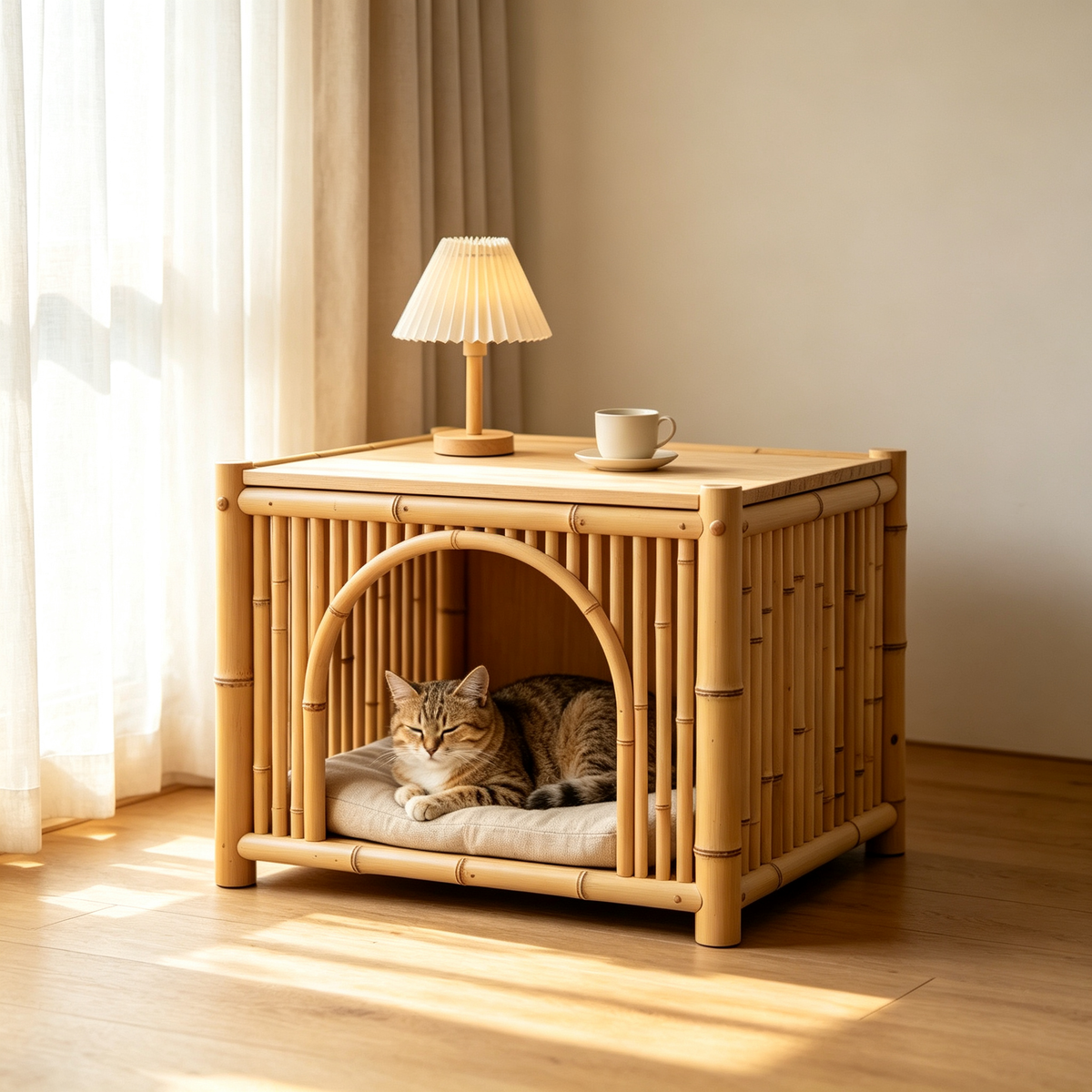 Bamboo Cube Cat House with Flat Table Top