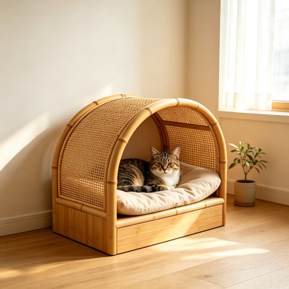 Casa Cueva para Gatos de Bambú y Ratán con Arco, Cajón de Almacenamiento y Cojín