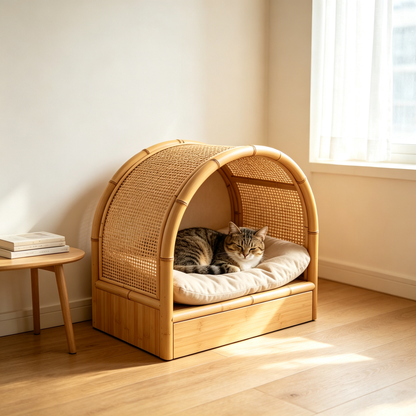Casa Cueva para Gatos de Bambú y Ratán con Arco, Cajón de Almacenamiento y Cojín