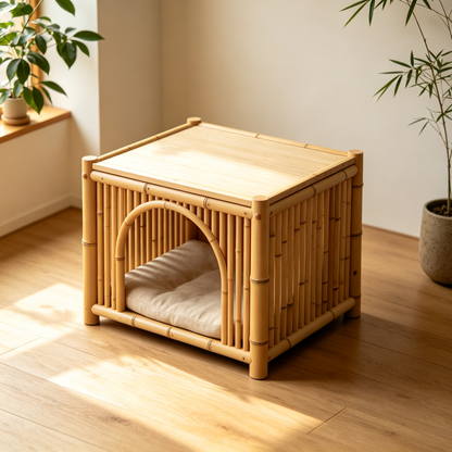 Bamboo Cube Cat House with Flat Table Top