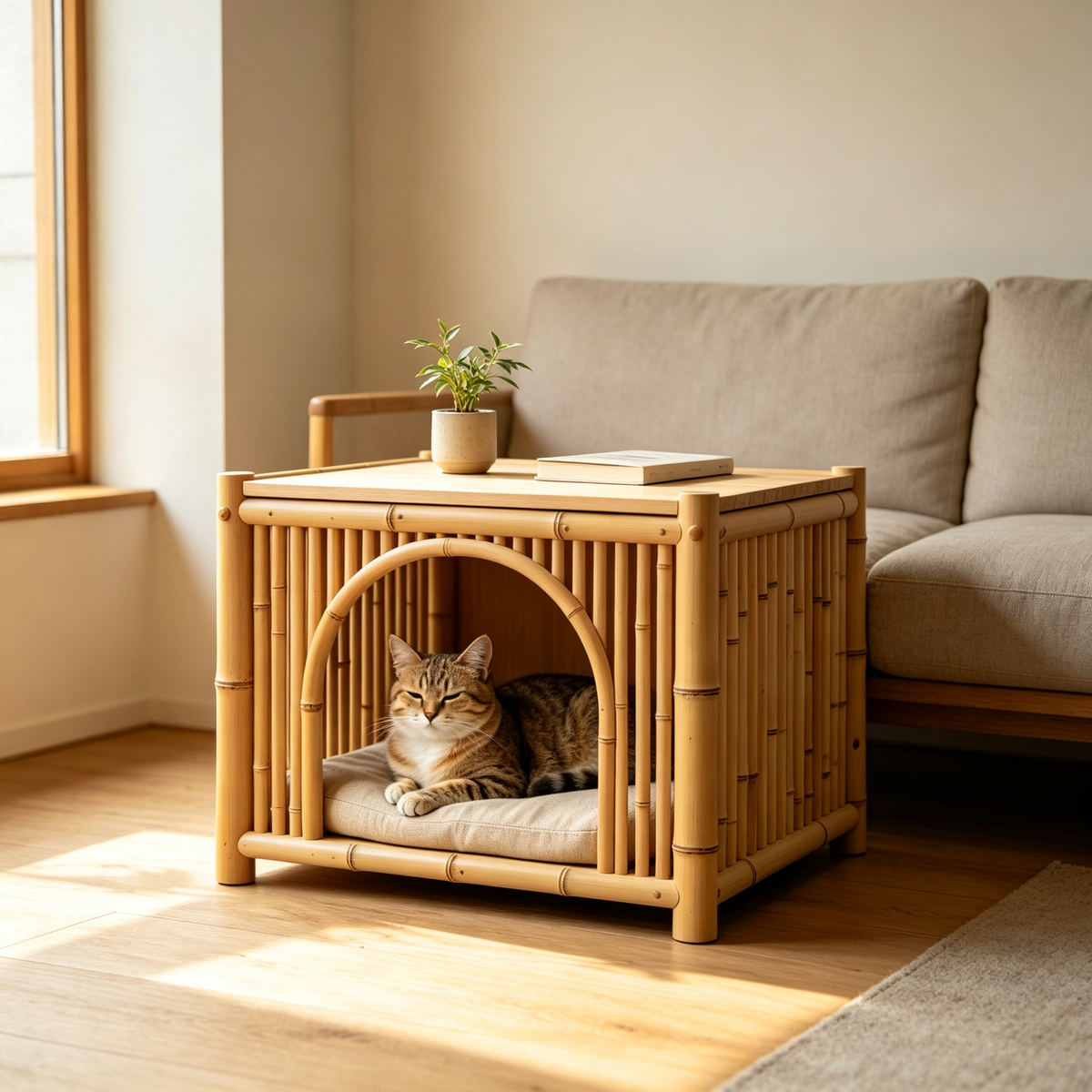 Bamboo Cube Cat House with Flat Table Top