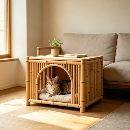 Bamboo Cube Cat House with Flat Table Top