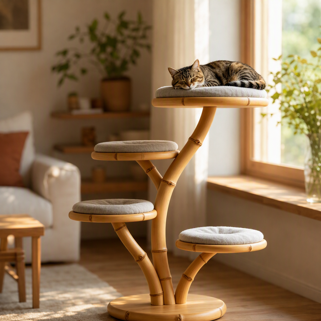 Natural Bamboo Tree‑Shaped Cat Tree, 4‑Level Perch Cat Tower with Soft Cushions, Japandi Handmade Solid Bamboo Cat Furniture, Sustainable Cat Activity Tree for Indoor Cats