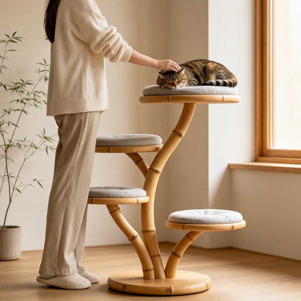 Natural Bamboo Tree‑Shaped Cat Tree, 4‑Level Perch Cat Tower with Soft Cushions, Japandi Handmade Solid Bamboo Cat Furniture, Sustainable Cat Activity Tree for Indoor Cats