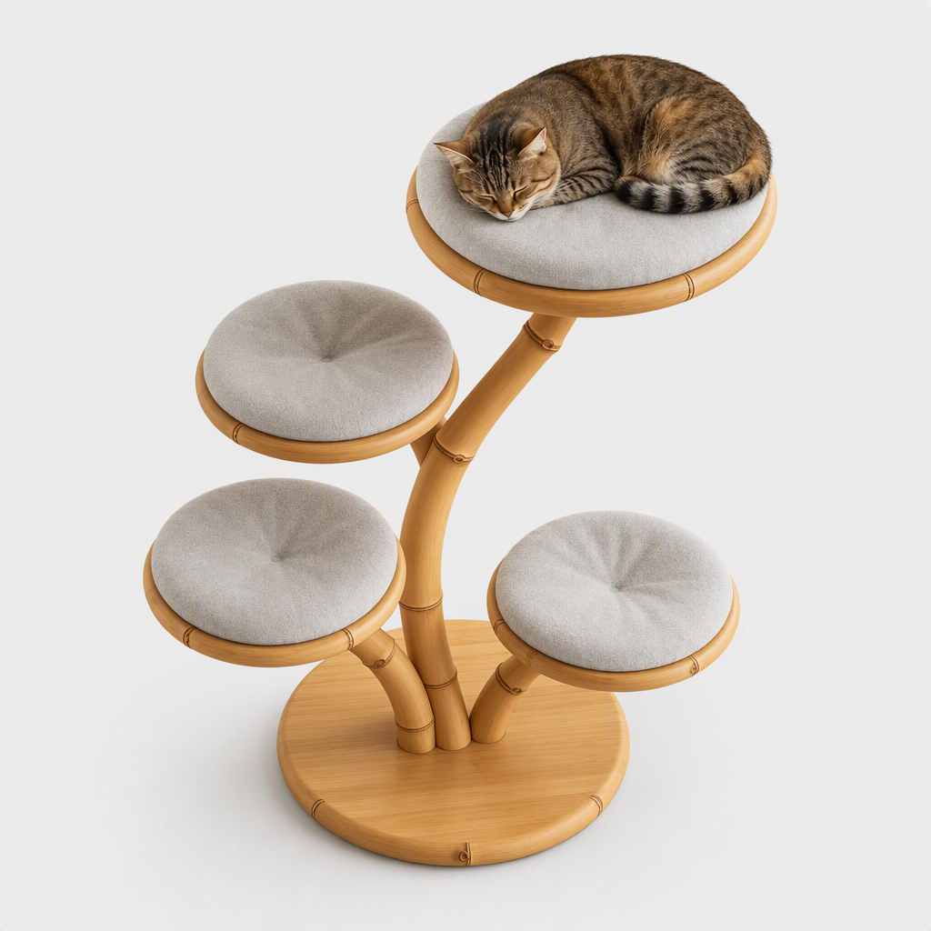 Natural Bamboo Tree‑Shaped Cat Tree, 4‑Level Perch Cat Tower with Soft Cushions, Japandi Handmade Solid Bamboo Cat Furniture, Sustainable Cat Activity Tree for Indoor Cats
