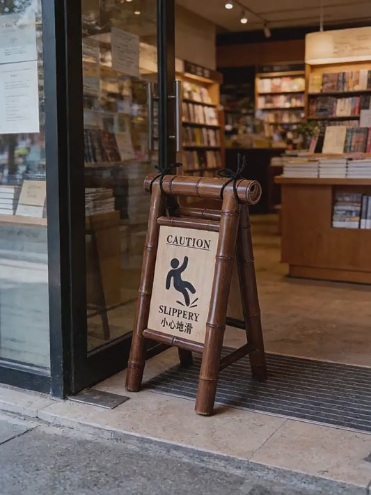 Bamboo A-Frame Folding Caution Sign — Wet Floor Warning