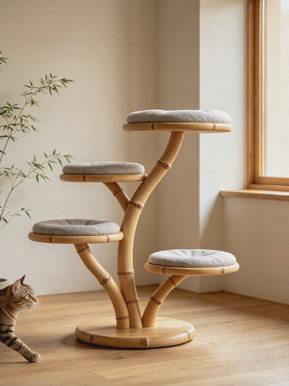 Rascador para gatos con forma de árbol de bambú natural, torre de 4 niveles con cojines suaves